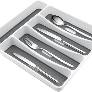 Cutlery Organizer, Kitchen Drawer Holder, Large 5-Grid Dividers, Plastic Cutlery Tray for Knives and Forks, Compact Storage, White, Space Saving grey color