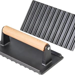Rectangular Meat Press. Grill Press, Barbecue Press. Cast Iron Hamburger Press, Non-Stick. Meat Weight with Wooden Handle