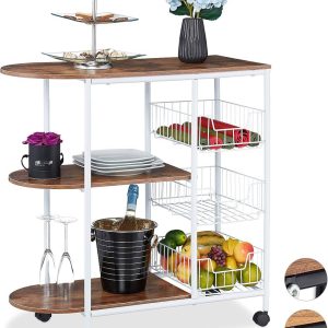 Kitchen Service Trolley with 3 Shelves and 3 Baskets, Industrial, Metal and MDF, H x D: 84 x 83 x 37 cm, White/Brown, Design B, 1 Item