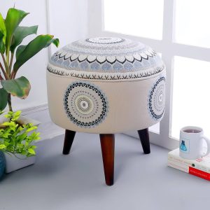 Round Ottoman with Wooden Legs Upholstered Round Footrest Stool Footrest Ottoman Vanity Makeup Stool Modern Furniture for Living Room Bedroom (Pack of 1)poof 40*40*20cm