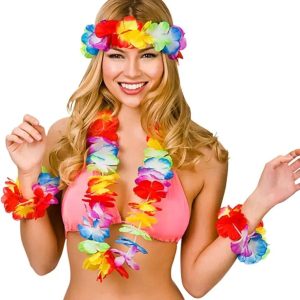 Hawaiian Flower Garland Set for Beach Party | Multicolor Lei Necklace with Flower Headband & Wrist
