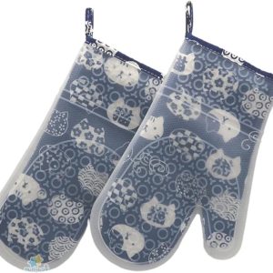 Heat Resistant Mittens, 1 Hands, Oven Mittens, Silicone, Double Layer Construction, Heat Resistant 300°C, Thick, Waterproof, Anti-Slip, For Left and Right Use, Cute Cat Pattern, Navy Blue, For Kitchen, Oven, Microwave, BBQ, Camping 1pc