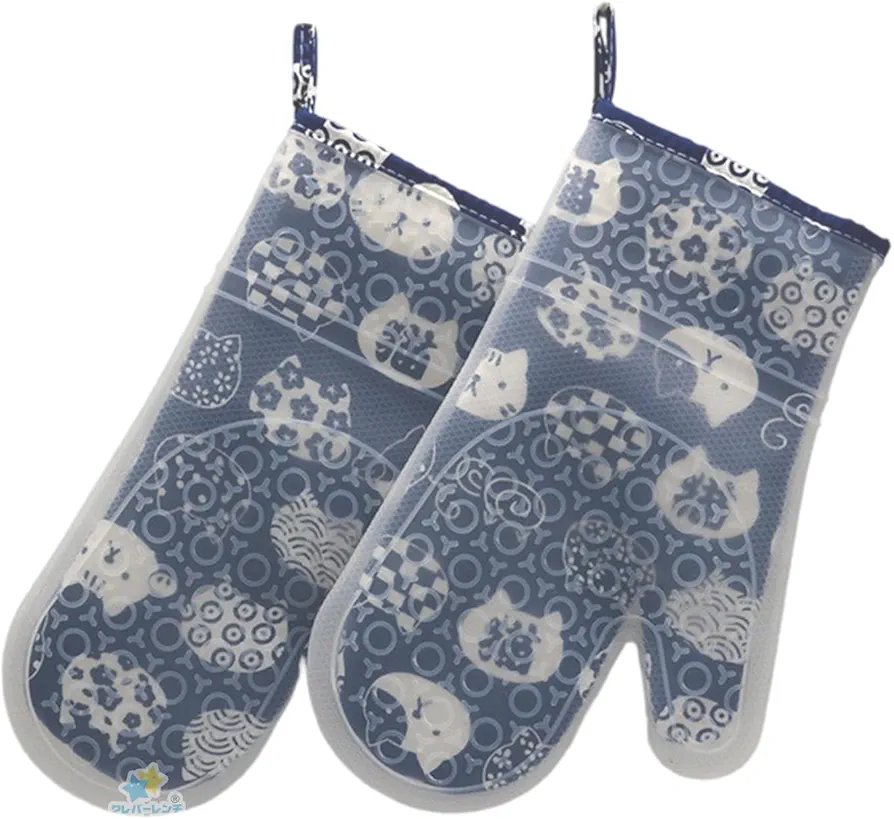 Heat Resistant Mittens, 1 Hands, Oven Mittens, Silicone, Double Layer Construction, Heat Resistant 300°C, Thick, Waterproof, Anti-Slip, For Left and Right Use, Cute Cat Pattern, Navy Blue, For Kitchen, Oven, Microwave, BBQ, Camping 1pc