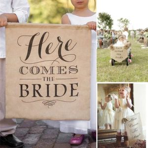 burlap banner with the phrase "HERE COMES THE BRIDE" for wedding backdrop decoration, one flag piece