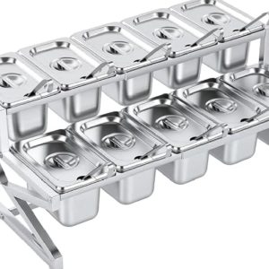 buffet Station, 10 Stainless Steel Seasoning Containers With Lids & Ladles, Two-Layer Condiment Serving Tray For Prepping Ingredients And Toppings, Expandable Spice Rack, Pizza Oven