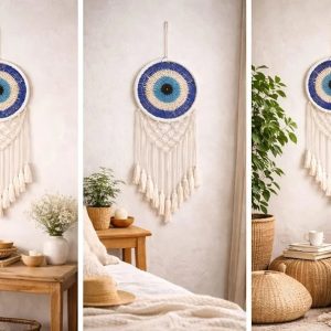 Handmade Blue & White Evil Eye Dream Catcher Wall Hanging | Boho Macrame Dreamcatcher for Home Decor, Bedroom, Living Room & Gift 40*100cm