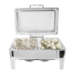 buffet Heated Catering Food Warmer, Rectangular Visible Restaurant Straight Legs Warmer, Chafing Dish Buffet Set with Lid for Cooking (2 Compartment) 56*36cm