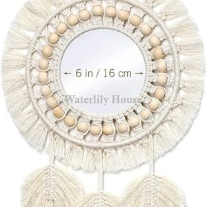 Hanging Wall Mirror-Boho Macrame Fringe Art Ornament for Apartment Home Bedroom Living Room Round Decorative Mirror with Wood Beads Feather Pendant.