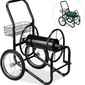 Relaxdays Hose Cart, Portable, for 90 m Garden Hosepipes, 2 Wheels, Metal, Mobile Trolley, for Lawn Watering, Black