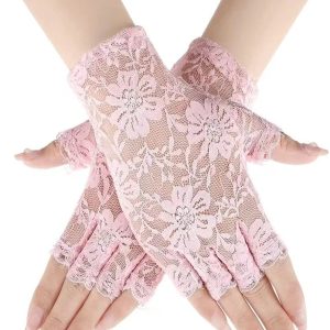 f satinWomen Short Lace Half Finger Gloves Sunscreen Wedding Ball Decoration Gloves | Pink 18cm