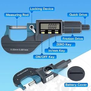 Digital Micrometer 0-25mm, Mcbazel Electronic Micrometer with 0.001mm Accuracy, Carbide Tips, Precision Micrometer with Inch/Metric Conversion, LCD Display Metric