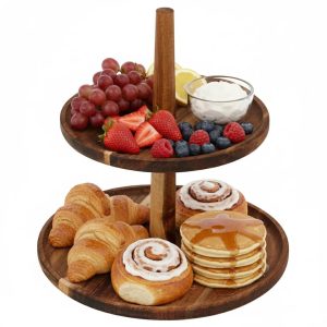 2 Tier Acacia Wood Cake Stand Rustic Display Round Serving Food Platter Rac