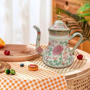 Enamel Tea Kettle Teapot Large Capacity Drinkware Beverage Jug 1.2 L Water Kettle for Kitchen Office Restaurant