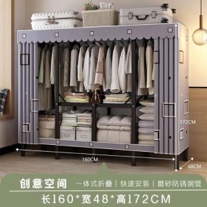 heavy duty Easy Assembly Folding Clothes Wardrobe Frame Thick Tubes Heavy Duty Fabric Closet Organizer Bedroom Furniture Durable Home 160*42*170cm grey