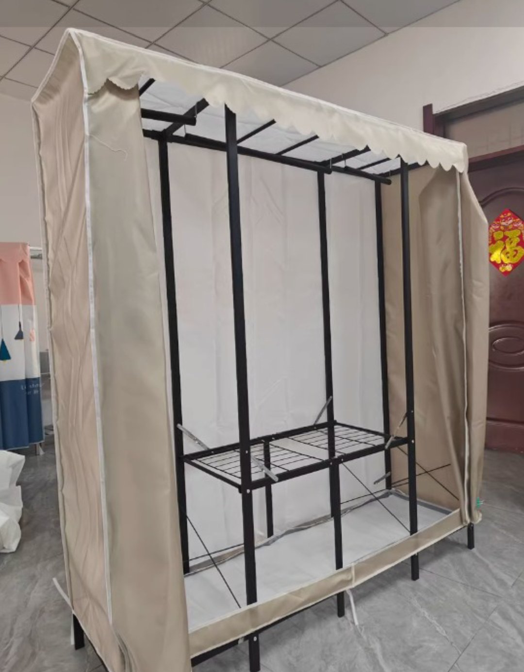 heavy duty Easy Assembly Folding Clothes Wardrobe Frame Thick Tubes Heavy Duty Fabric Closet Organizer Bedroom Furniture Durable Home 160*42*170cm beij - Image 6