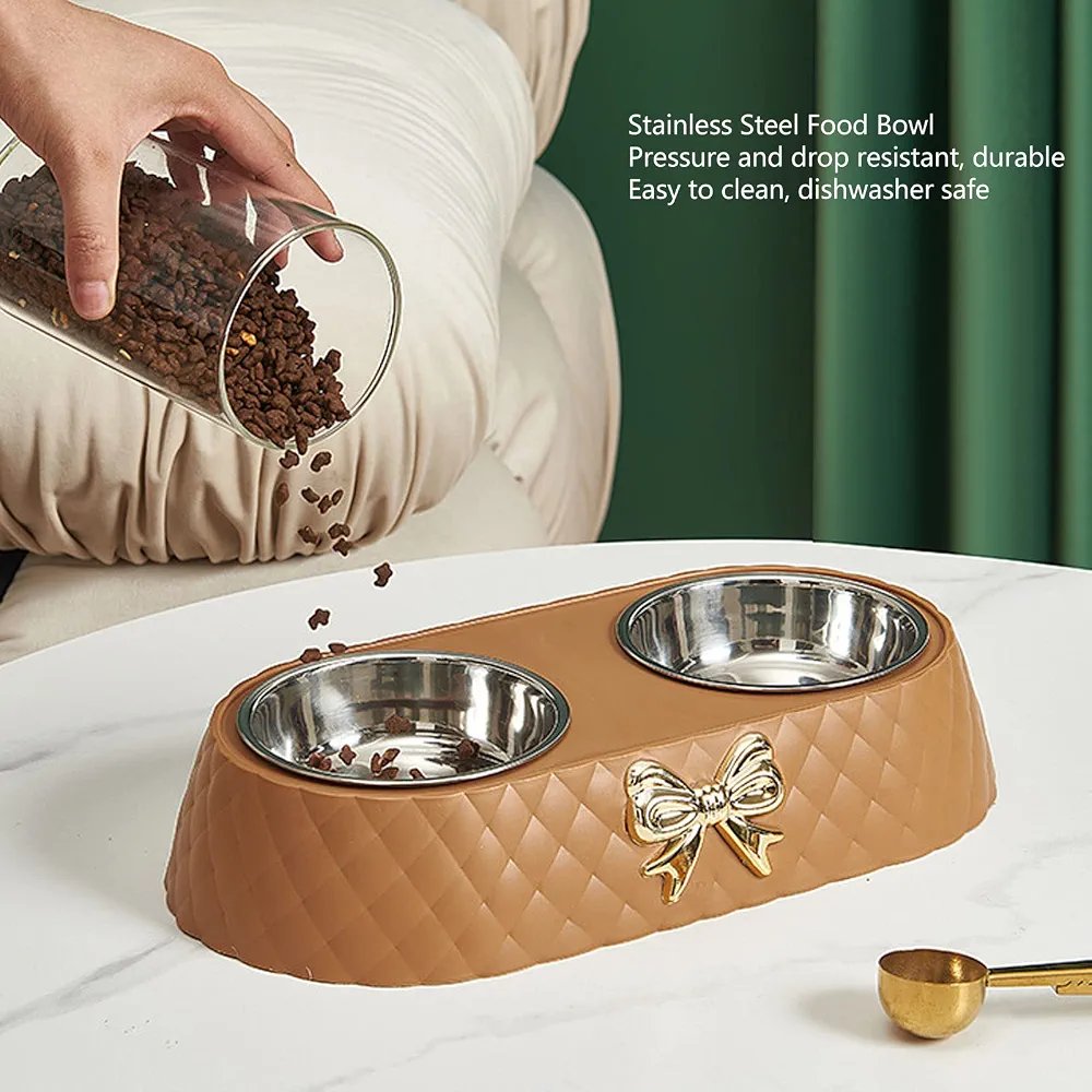 Double Dog Bowl Pet Feeding Station, Stainless Steel Pet Food Water Bowls with Bowknot Decor Holder, Dog Bowls Set with Non Skid Silicone Mat for Dog Cat 33.5*17.5*6cm - Image 6