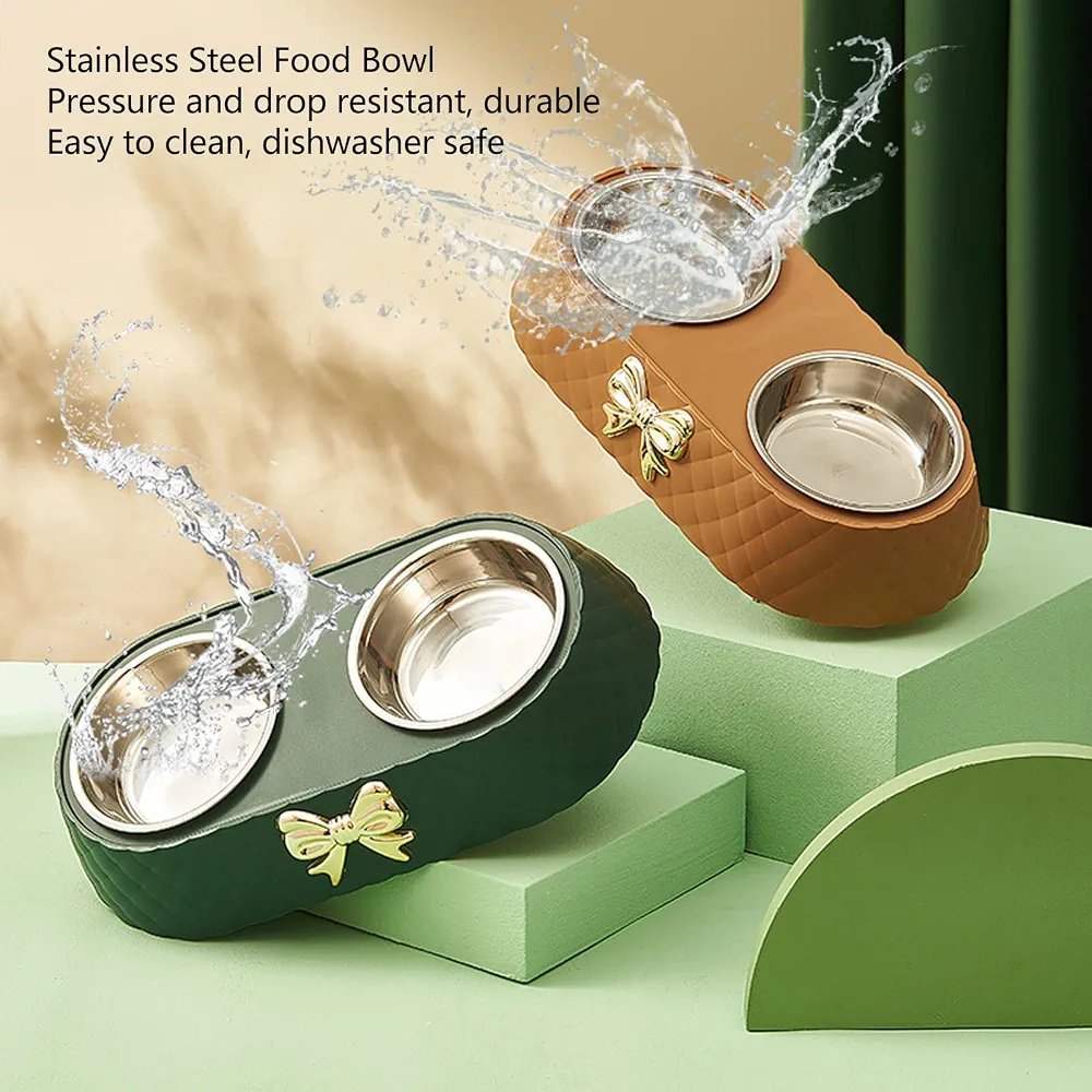 Double Dog Bowl Pet Feeding Station, Stainless Steel Pet Food Water Bowls with Bowknot Decor Holder, Dog Bowls Set with Non Skid Silicone Mat for Dog Cat 33.5*17.5*6cm - Image 5
