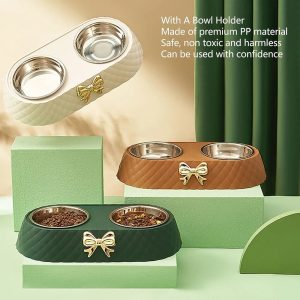 Double Dog Bowl Pet Feeding Station, Stainless Steel Pet Food Water Bowls with Bowknot Decor Holder, Dog Bowls Set with Non Skid Silicone Mat for Dog Cat 33.5*17.5*6cm