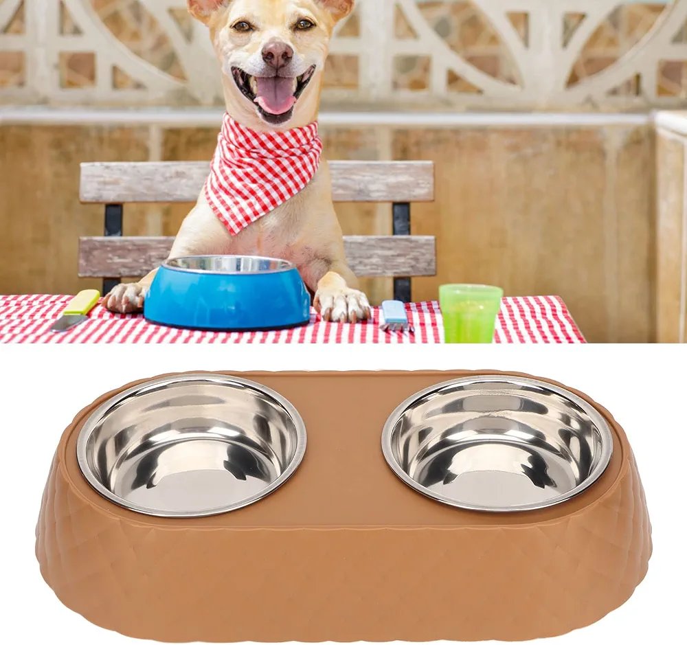 Double Dog Bowl Pet Feeding Station, Stainless Steel Pet Food Water Bowls with Bowknot Decor Holder, Dog Bowls Set with Non Skid Silicone Mat for Dog Cat 33.5*17.5*6cm - Image 4