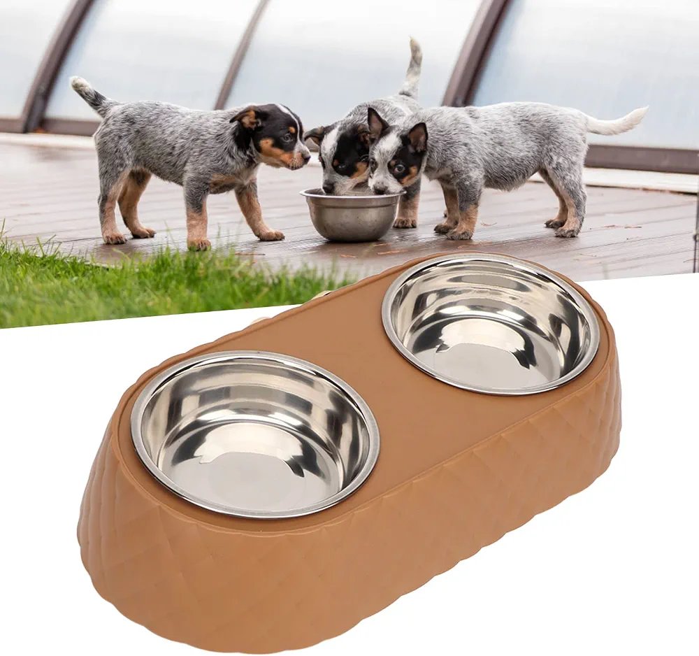 Double Dog Bowl Pet Feeding Station, Stainless Steel Pet Food Water Bowls with Bowknot Decor Holder, Dog Bowls Set with Non Skid Silicone Mat for Dog Cat 33.5*17.5*6cm - Image 3