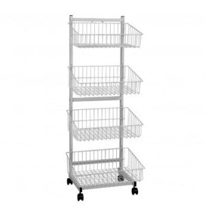Wire 4 Basket Unit Black powder coated wire basket unit on castors Ideal for clearance & impulse stock Includes 4 shelves Easy assembly Flat packed for easy transportation Durable, plastic castors Finish: Black Height: 1520mm Width: 570mm Depth: 410mm 145cm*60cm