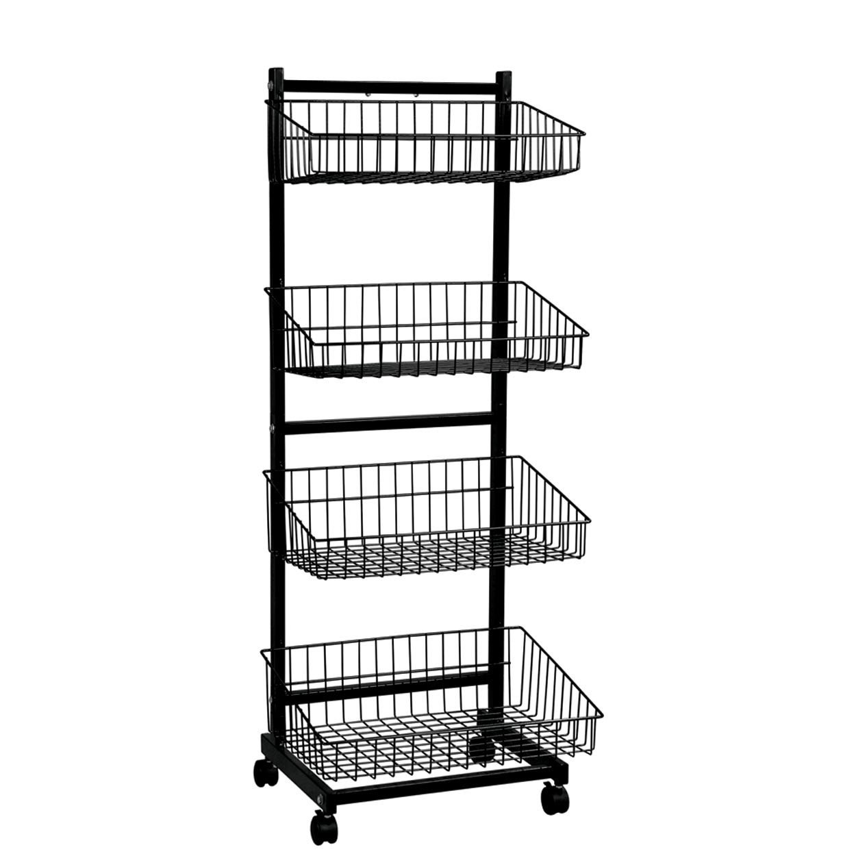 Wire 4 Basket Unit Black powder coated wire basket unit on castors Ideal for clearance & impulse stock Includes 4 shelves Easy assembly Flat packed for easy transportation Durable, plastic castors Finish: Black Height: 1520mm Width: 570mm Depth: 410mm 145cm*60cm - Image 2
