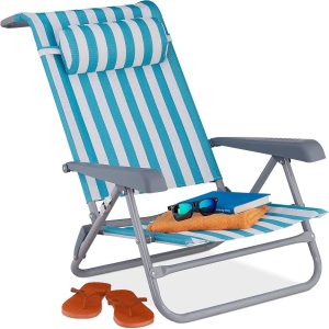 Relaxdays reclining beach chair, sun lounger, headrest, adjustable, folding, armrest & bottle opener, blue/white, modern, Steel, 1