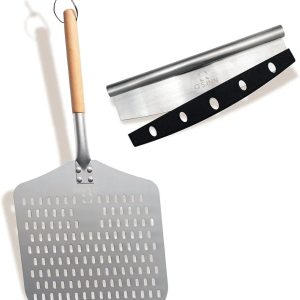 Perforated Pizza Peel set, Professional  Paddle Anodized Aluminum Turning Peel and  Roker Cutter for home made pizza and bread By Q's INN.