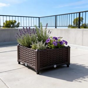 Mingone Flower Pot Rattan Look Plastic Flower Box Balcony Box with Water Reservoir Planter for Balcony Garden Patio 40 x 40 x 23 cm