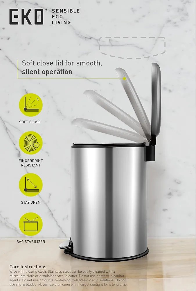 EKO Pedal Bin Serene - Silver | Compact Step Round Bin with Soft-Close Lid | Fingerprint-Resistant Finish | Removable Inner Liner | Bag Stabilizer - Image 4