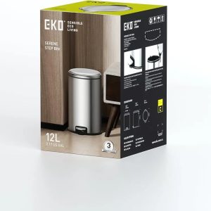 EKO Pedal Bin Serene - Silver | Compact Step Round Bin with Soft-Close Lid | Fingerprint-Resistant Finish | Removable Inner Liner | Bag Stabilizer