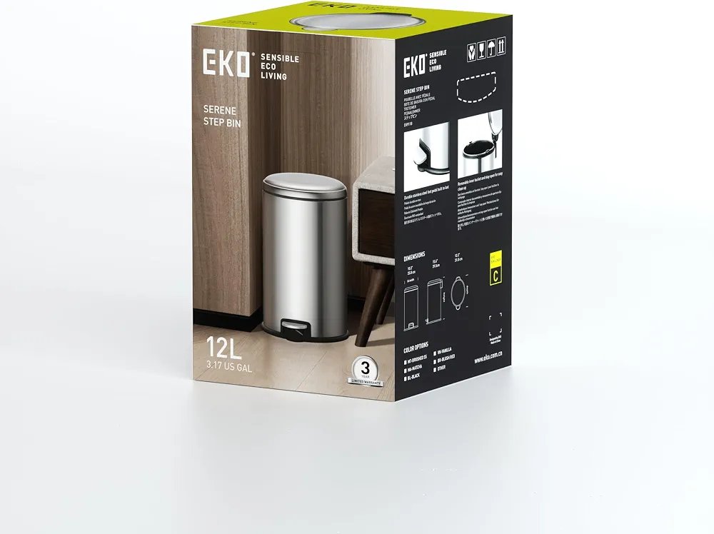 EKO Pedal Bin Serene - Silver | Compact Step Round Bin with Soft-Close Lid | Fingerprint-Resistant Finish | Removable Inner Liner | Bag Stabilizer