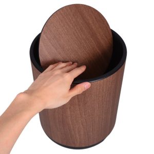 Small Plastic Trash Bin with Lid, Wood Pattern, Compact Wastebasket for Bathroom, Bedroom, Office Use - 1 Piece