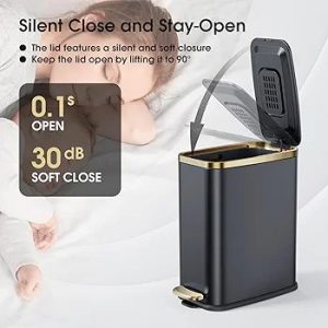 Small bathroom wastebasket with soft lid from Serolda, 7l capacity, narrow rectangular metal wastebasket for office, bedroom, toilet and living room