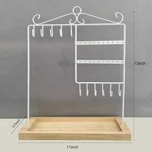 Beilly Jewelry Organizer, 3-Tier Earring Display Stand with Wooden Tray, Metal Jewelry Tower for Necklaces, Bracelets and Rings