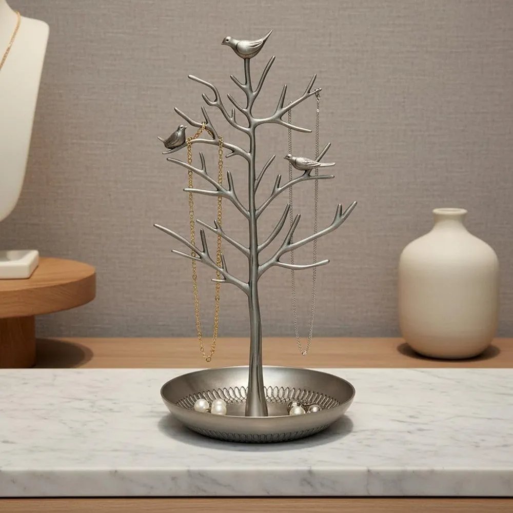 Detachable Design Bird Tree Jewelry Stand Multi-Functional Metal Jewelry Tree with Tray Earring and Necklace Hanging Rack for Women, Teens, Dresser, Bedroom, Bathroom, Black - Image 3