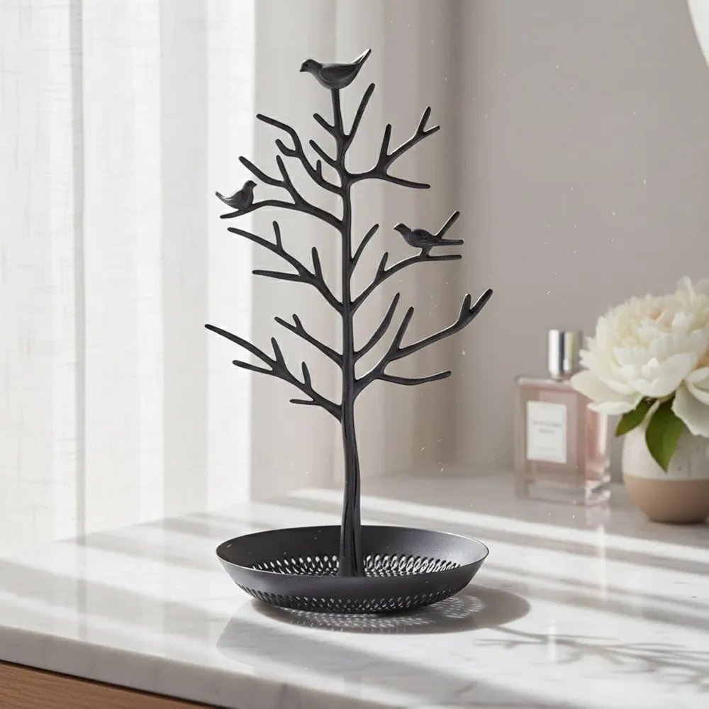 Detachable Design Bird Tree Jewelry Stand Multi-Functional Metal Jewelry Tree with Tray Earring and Necklace Hanging Rack for Women, Teens, Dresser, Bedroom, Bathroom, Black - Image 6