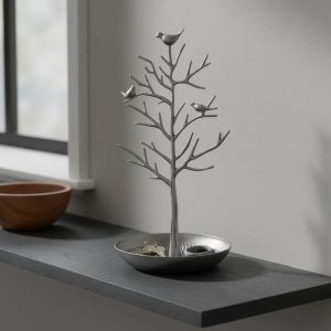 Detachable Design Bird Tree Jewelry Stand Multi-Functional Metal Jewelry Tree with Tray Earring and Necklace Hanging Rack for Women, Teens, Dresser, Bedroom, Bathroom, Black