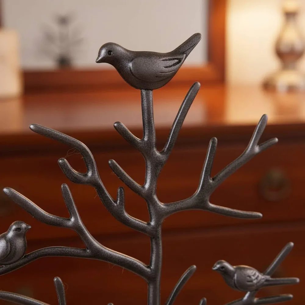 Detachable Design Bird Tree Jewelry Stand Multi-Functional Metal Jewelry Tree with Tray Earring and Necklace Hanging Rack for Women, Teens, Dresser, Bedroom, Bathroom, Black - Image 4