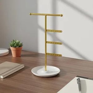 Design Crossbar Jewelry Stand with Tray Multi-Functional Storage Necklace and Earring Display Rack Space Saving Desktop Jewelry Tree for Women, Girls, Vanity Table, Dresser, Closet, White