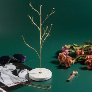 Jewelry holder organizer, metal jewelry display stand for necklaces, earrings and accessories (tree-shaped with white marble resin)