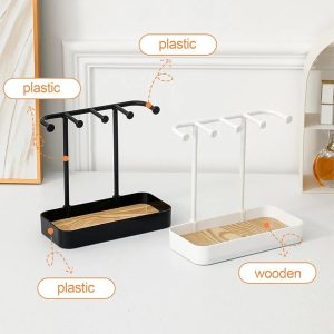 Jewelry Organizer Stand Necklace Holder, Jewelry Rack with Wooden Tray, 5 Hooks Necklaces Hanging Small Jewelry Display Storage for Bracelets Earrings Rings Watches
