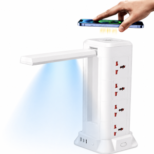 Multifunctional LED desk lamp with power strip, USB charger and wireless phone charger