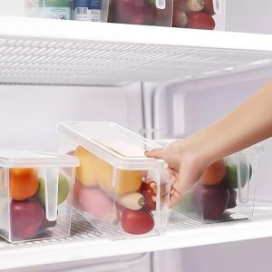 Plastic Fridge Storage Organizer Box with Lid – 5L Transparent Refrigerator Container for Vegetables, Fruits & Food | Square Handle Design | Airtight Food Storage Box for Kitchen (Pack of 1) 15*18*16cm