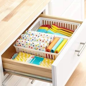 Plastic Organizing Baskets, White Rectangular Storage