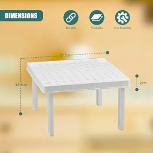 Stackable Square Shelf Insert - Small Kitchen Cupboard Organiser & Pantry Cabinet Counter Storage Rack - White Space Saving Plastic Stand for Mugs, Plates, & Bowls