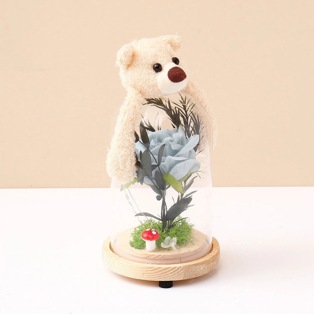 Archies Teddy Bear Blue Rose Glass Dome