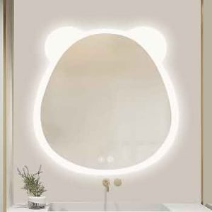 Bear Shape Mirror, HD Illuminated Makeup Mirror Infinitely Dimmable, Frameless Wall Mirror with LED Lights and Demister Pad, Rust-resistant, Shatterproof (Size : 31.5"