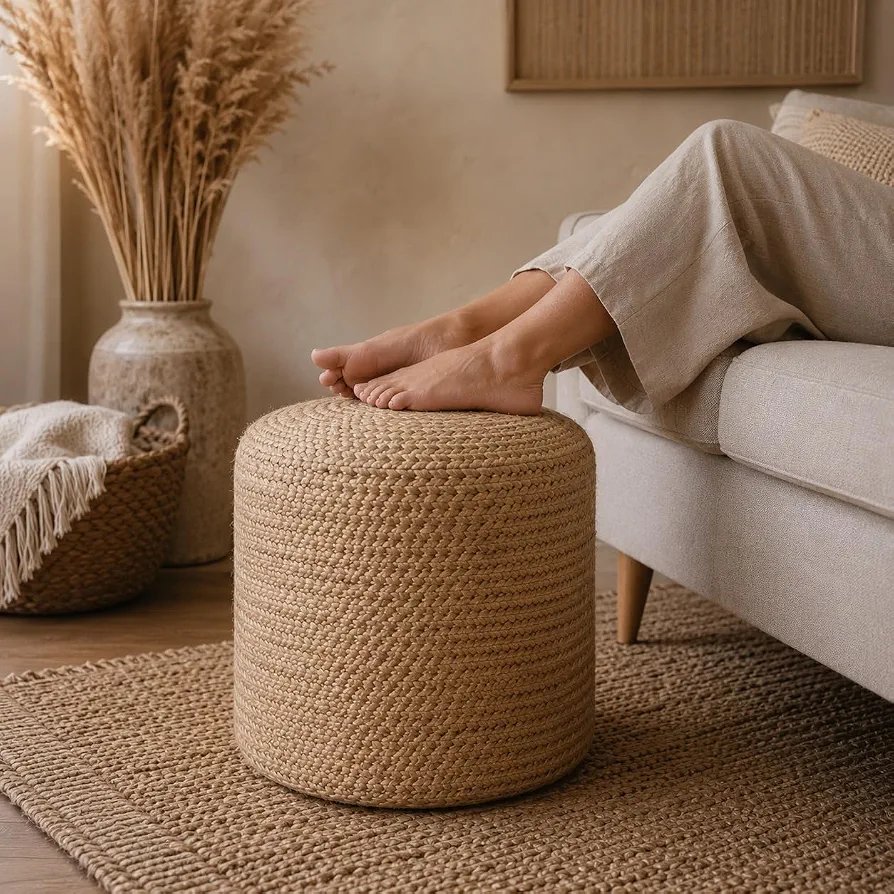 Natural Dori Cotton Pouf Ottoman | Handwoven Braided Stool Decorative Jute Furniture for Home, Office, Boho & Farmhouse Décor 40Dx40Wx33H Cm Beige - Image 2