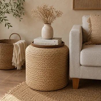 Natural Dori Cotton Pouf Ottoman | Handwoven Braided Stool Decorative Jute Furniture for Home, Office, Boho & Farmhouse Décor 40Dx40Wx33H Cm Beige